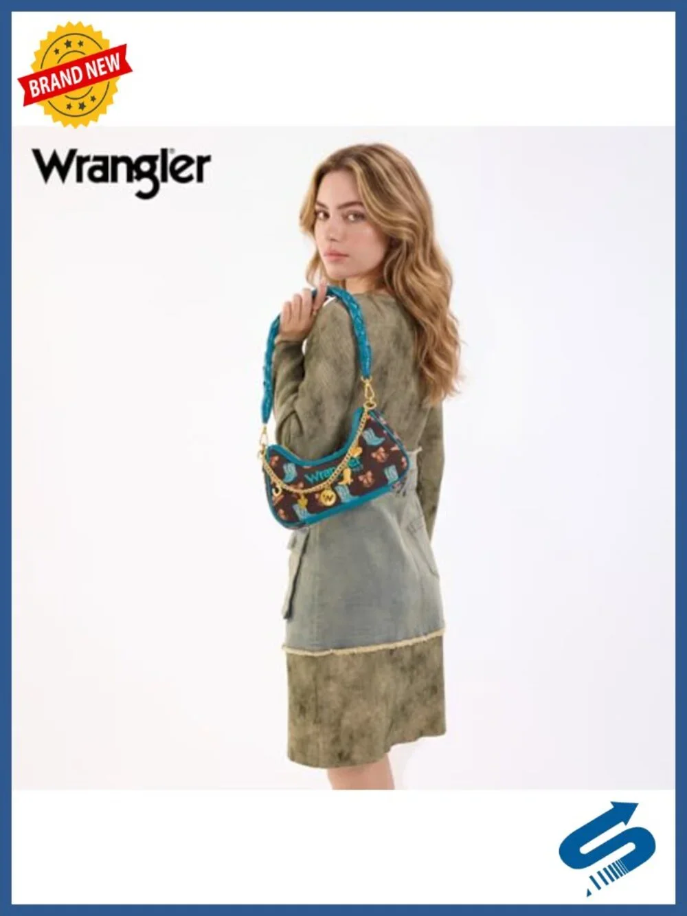 Canvas Crescent Hobo Shoulder Bag with Gold Chain - Y2K Western